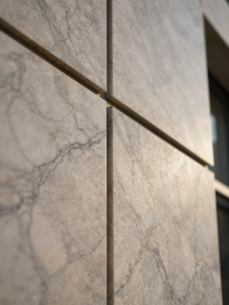 Extreme close-up of ACP panel surface edge-joining a marble-textured cladding panel on a building facade, natural morning sidelight revealing the material depth contrast between flat metal geometry and veined stone texture, no human figures, the joint line running diagonally across the frame