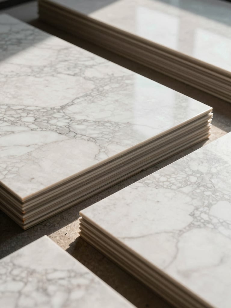 Stacked ACP panels and marble-texture cladding sheets arranged in an organized site storage area, bright midday light casting crisp shadows across material surfaces, no people visible