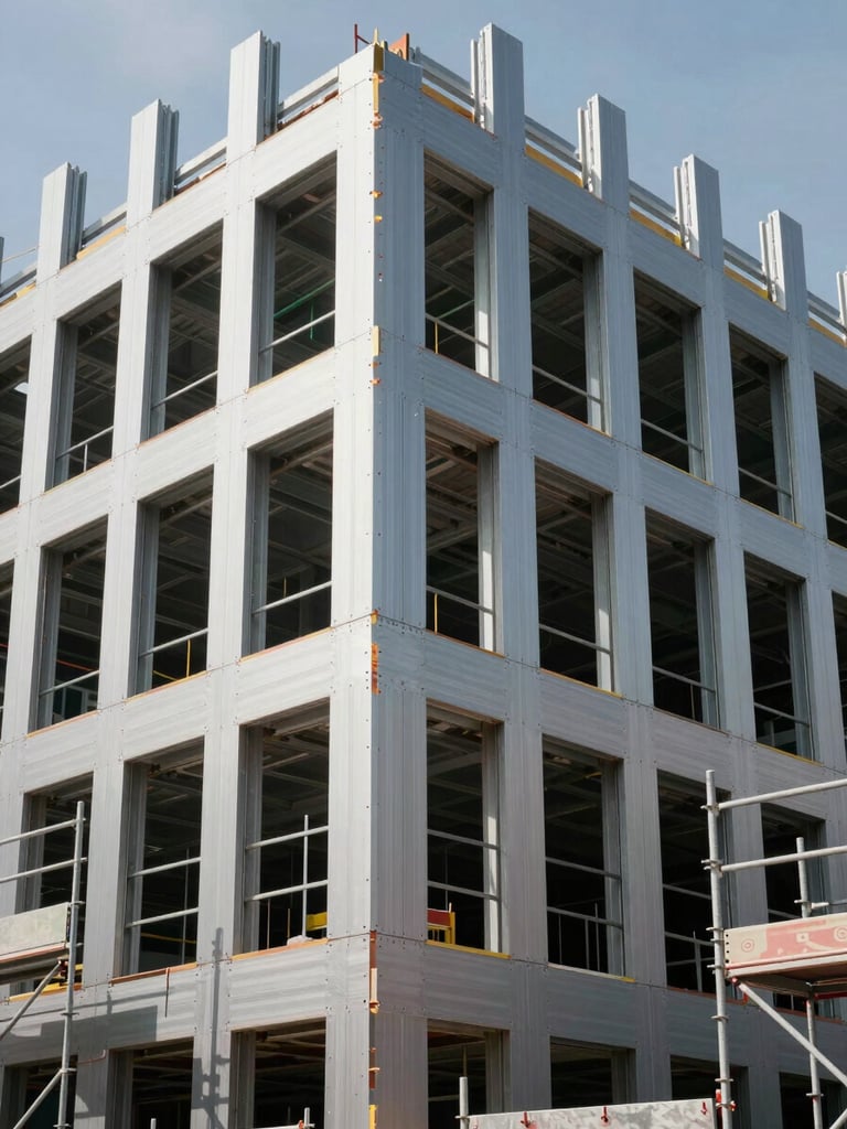 Wide angled shot of a building facade mid-installation, ACP panels being fixed to a structural frame, natural daylight showing the precision of joint alignment, no workers' faces visible, scaffolding framing the composition