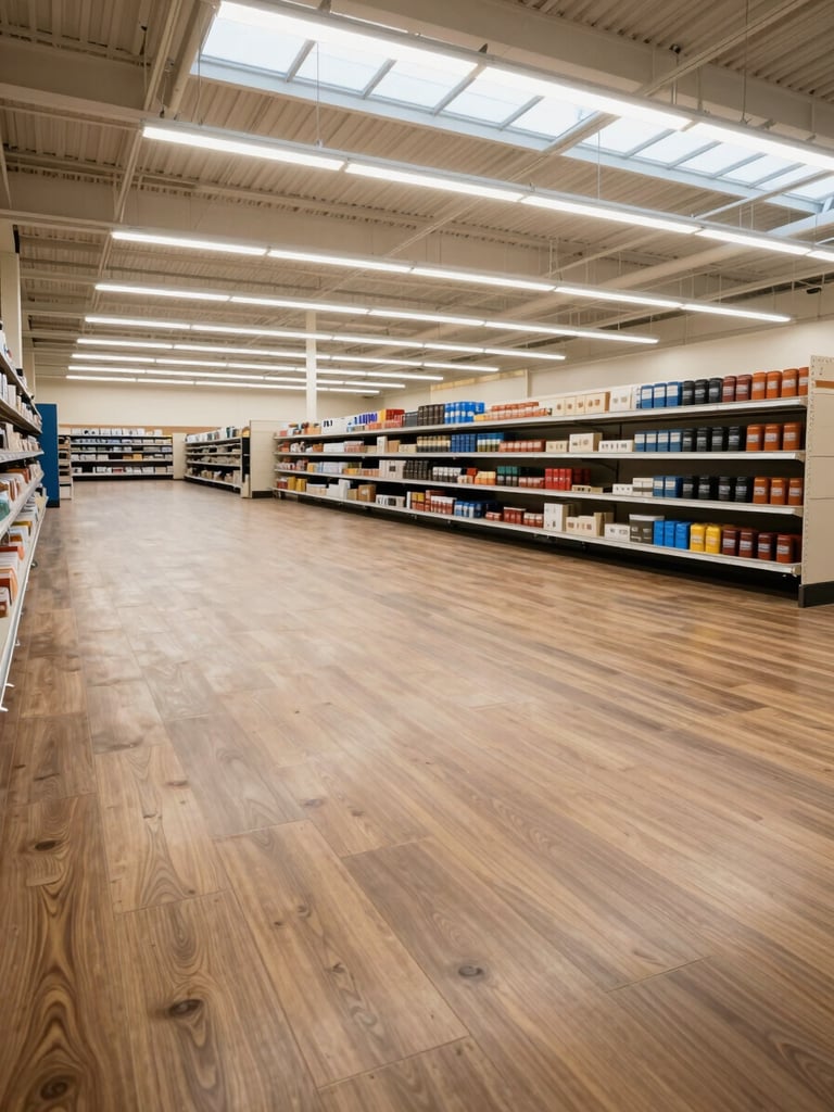 Wide environmental shot of a finished Walmart-scale retail interior, freshly installed flooring tiles extending to the far wall, overhead LED fixture grid uniformly lit, empty aisles ready for merchandise, natural skylight wash, shot from the right third looking left across the floor