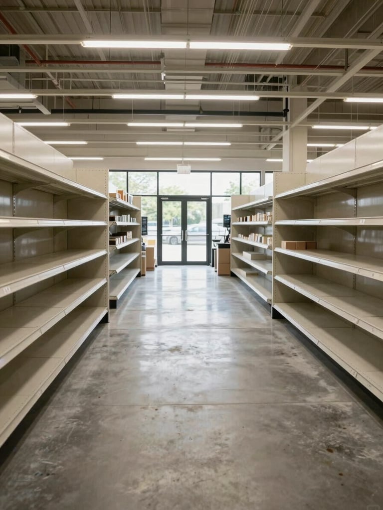 Wide environmental view of a completed big-box retail interior, concrete floors freshly polished, overhead LED fixtures installed in long rows, store shelving units in place and empty ready for product, natural daylight flooding through storefront glass at the far end, no people, clean and precise, shot from the back of the aisle looking toward the entrance