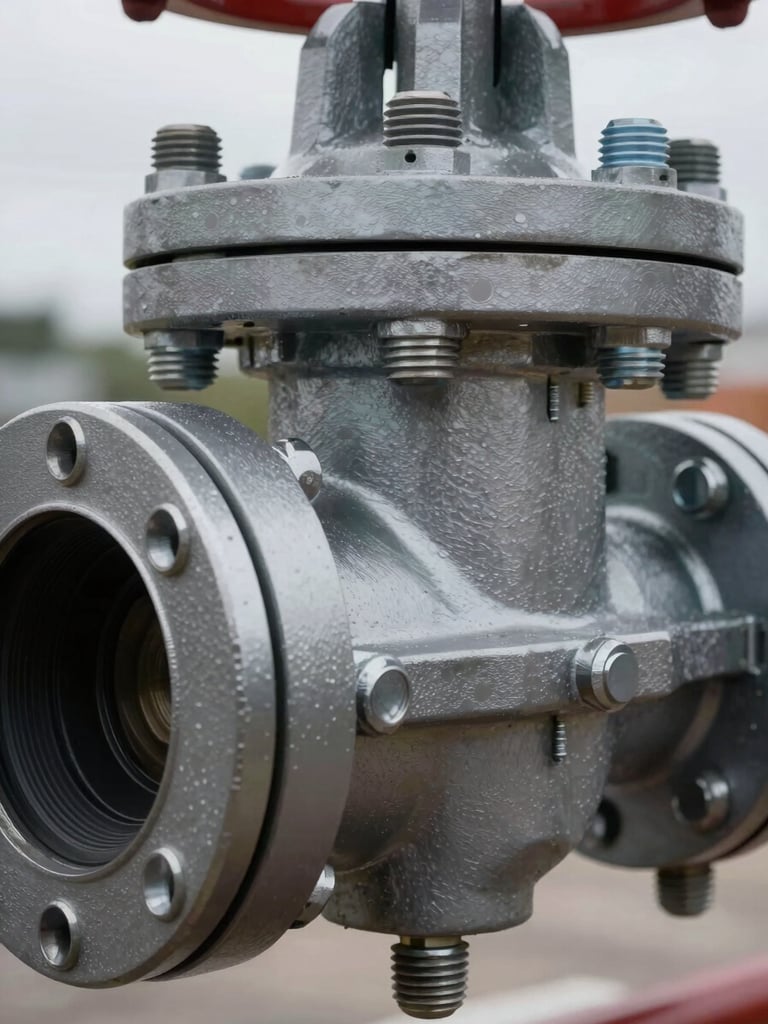 Extreme close-up of a high-spec industrial valve flange, heavy structural steel bolts, overcast daylight reflecting off metallic surfaces.