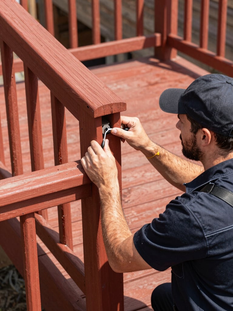 Medium action shot of a professional technician in a clean uniform repairing a wooden deck railing under bright daylight, sharp details.