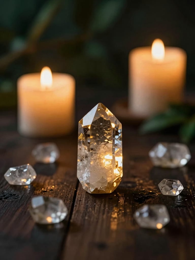 Raw quartz crystals catching golden light on a dark wooden table, beeswax candles burning softly in the background, low-key dramatic chiaroscuro