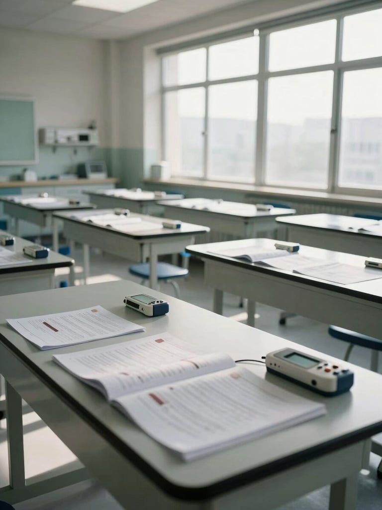 Wide shot of an empty clinical training room, rows of desks with open procedure manuals and diagnostic instruments laid flat, natural daylight from tall windows casting sharp lines across the workspace, no people