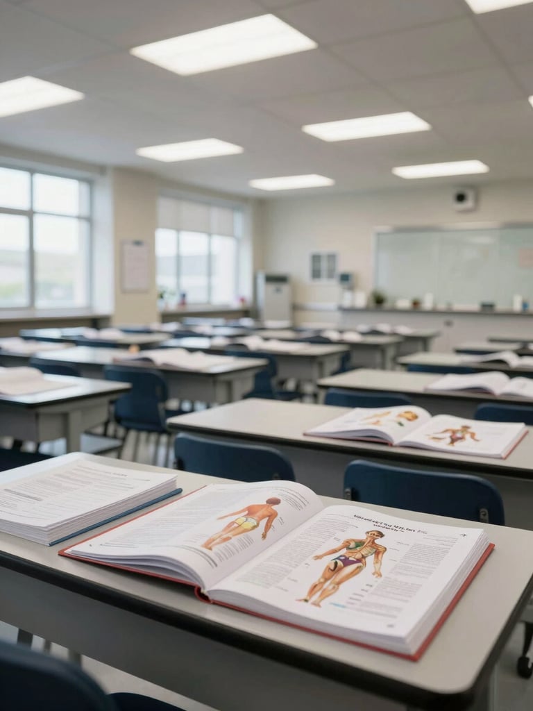 Wide shot of a healthcare training classroom, rows of empty desks with open course manuals and anatomical reference binders, clinical fluorescent overhead lighting, natural daylight from side windows, no people present