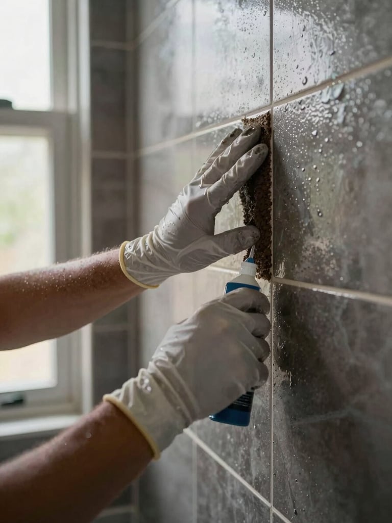 Close-up of a technician's gloved hands pressing grout sealer into dark tile lines inside a real Florida bathroom, natural window light from the left, consistent overhead fill, no staging—the grout lines are the clear subject, damp surface visible