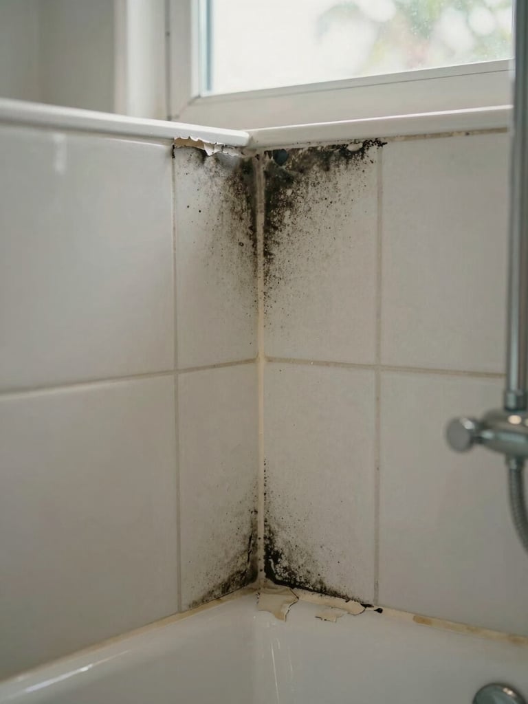 Close-up of badly stained shower tile, thick black mold lines running through white grout joints, cracked caulk peeling at the base corner, photographed under natural bathroom window light — honest, unposed, real Florida bathroom condition
