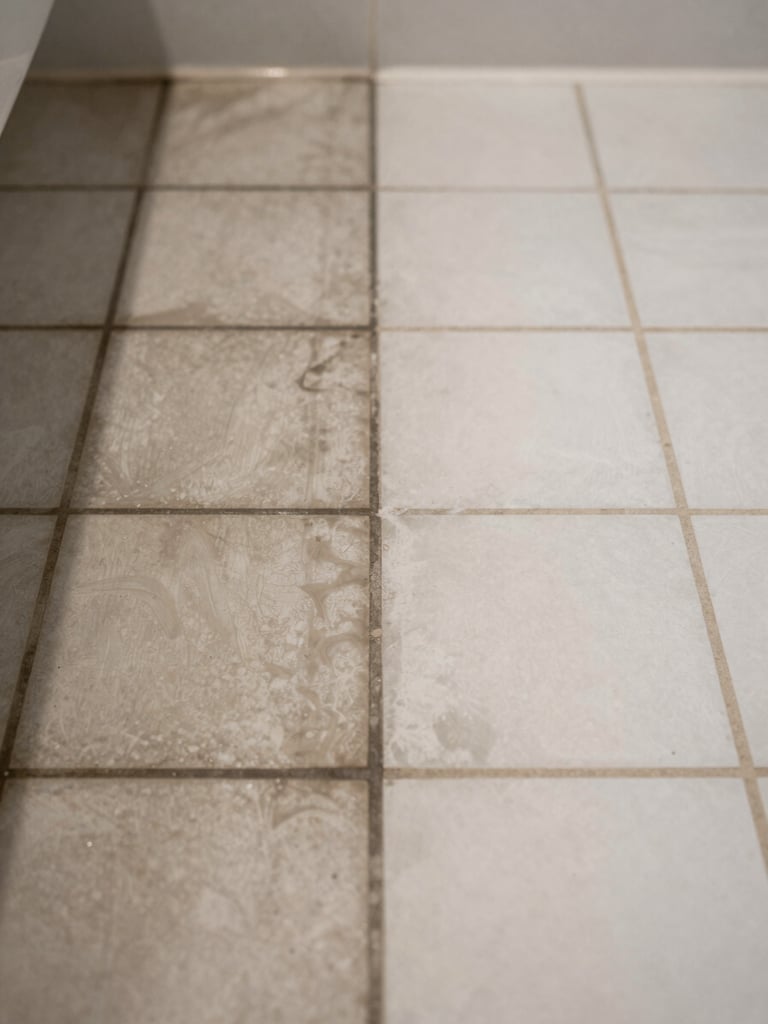 Close-up of a bathroom floor mid-restoration, stained dark grout lines on the left half of the frame, freshly cleaned and recolored white grout lines on the right half, consistent overhead bathroom light, tight crop showing the contrast zone clearly