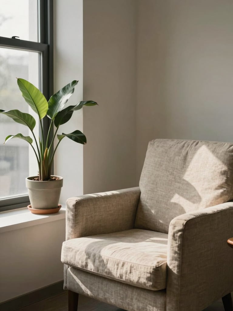 Close interior shot of a calm counseling office, a leafy potted plant on a windowsill to the left, soft north-facing daylight washing across a linen armchair, warm and still atmosphere, no people present