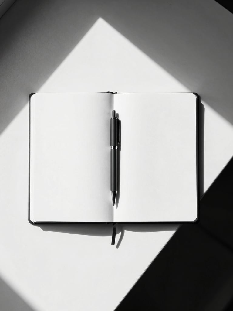 Stark minimalist black and white orthographic top-down photo of a clean desk with a single open notebook, a technical pen, and geometric shadows, sharp lighting.
