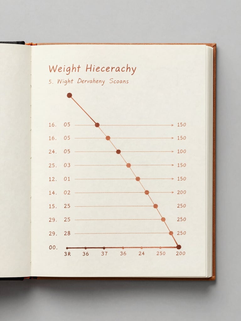 Overhead flat-lay on a light gray surface: open type specimen booklet showing annotated weight hierarchy — heading, subheading, and body size scales with callout lines in terracotta ink, studio diffused light, clean white margins, no decorative props