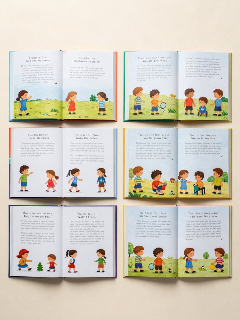 Overhead flat-lay studio shot of four open children's books arranged side by side on a pale surface, each edition showing the same interior spread adapted into English, Spanish, French, and a non-Latin script — clean even studio lighting, books parallel to camera, slight gap between each volume revealing the spine, no hands or props