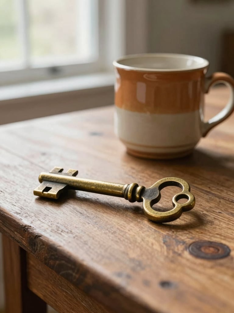 Portrait-oriented photograph of a vintage brass key resting on a rustic wooden table next to a warm ceramic mug, soft natural light streaming from a window, Hartford Cheshire home interior feel.