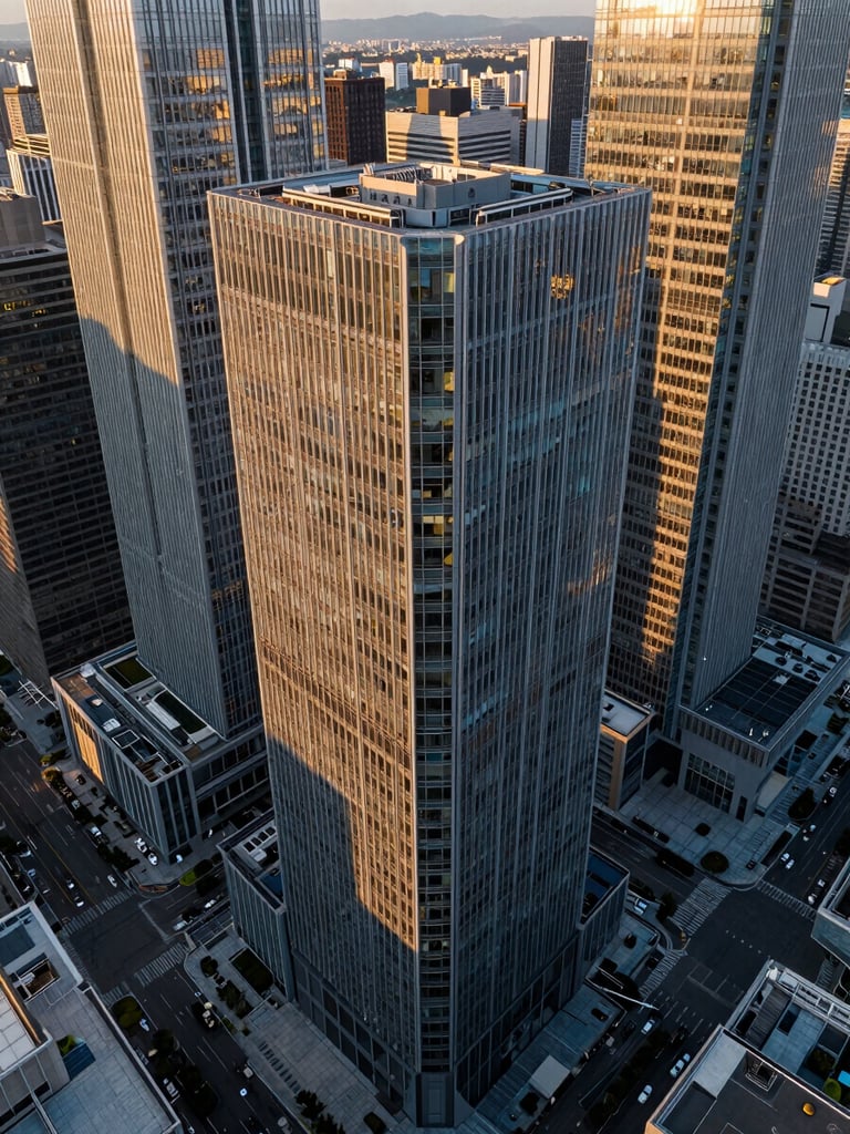 Cinematic drone view tracking between modern glass skyscrapers in a dense city center, golden hour light reflecting off windows, sharp technical composition