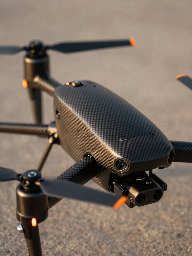 Extreme close-up of drone mechanics, carbon fiber rotors, orange safety indicator lights, high-contrast technical details, sharp focus