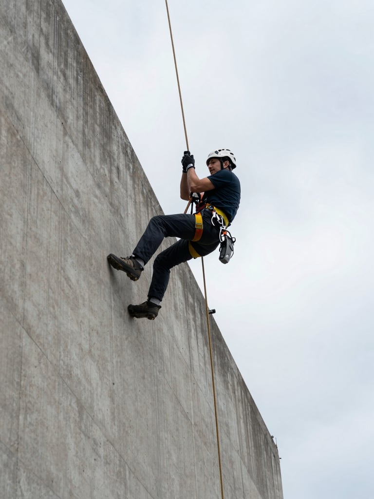Wide shot from below looking up at a rope access technician in full harness and helmet descending a concrete industrial façade, safety rigging visible against overcast daylight sky, structural surface texture sharp in foreground
