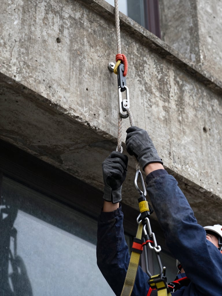 Close-up of a rope access technician securing a harness anchor point on a weathered concrete façade, overcast daylight revealing the texture of the structure and the precision of the rigging hardware, worker's gloved hands in sharp focus, building edge visible below