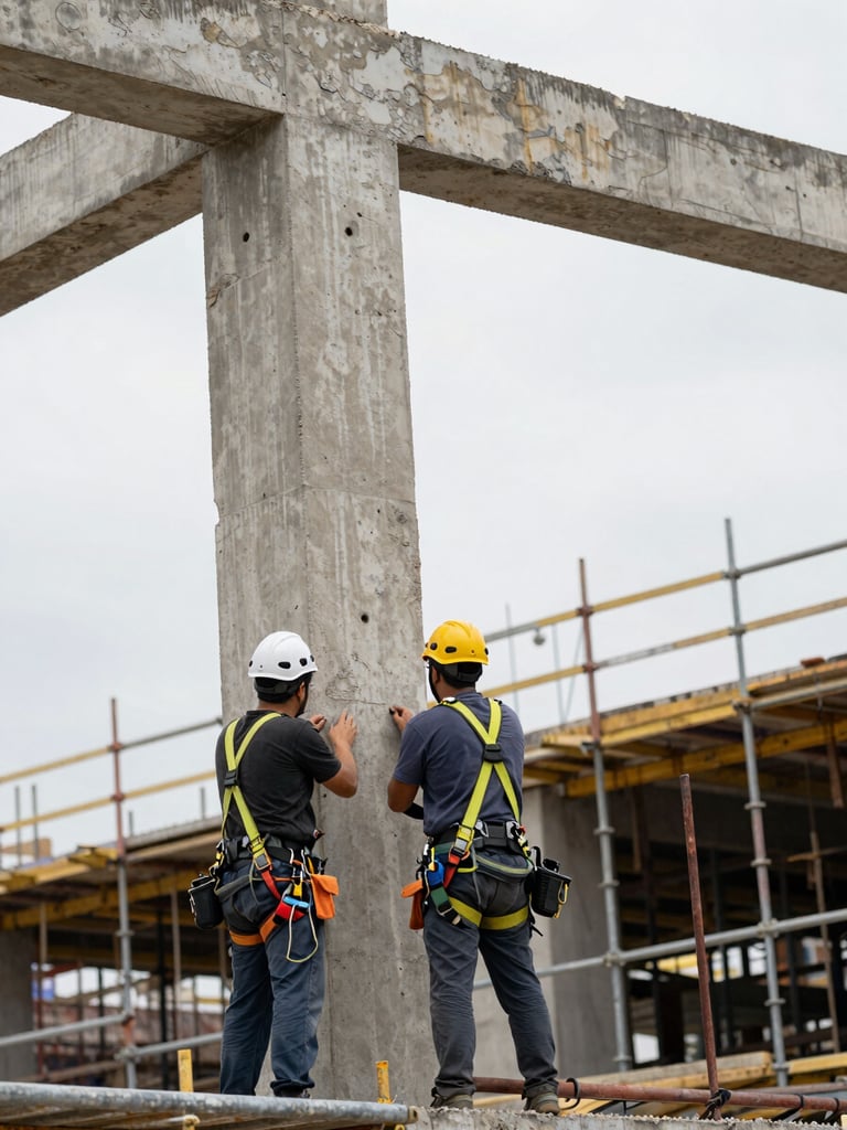 Angled wide shot from scaffolding level showing two helmeted workers inspecting a weathered concrete structural column on an active construction site, overcast industrial daylight, safety harnesses and tools clearly visible in foreground