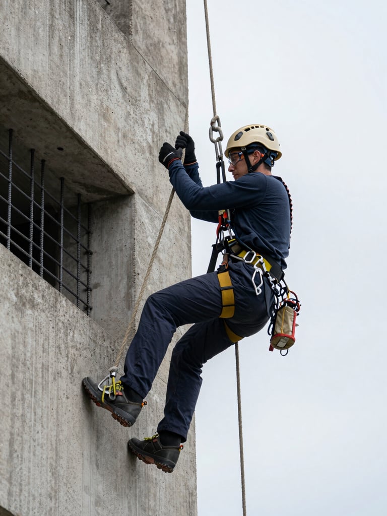 Close-up wide shot of a rope access worker in full harness and helmet secured to a concrete façade, hands gripping structural rebar, overcast daylight revealing texture of the building surface and rigging equipment in sharp detail