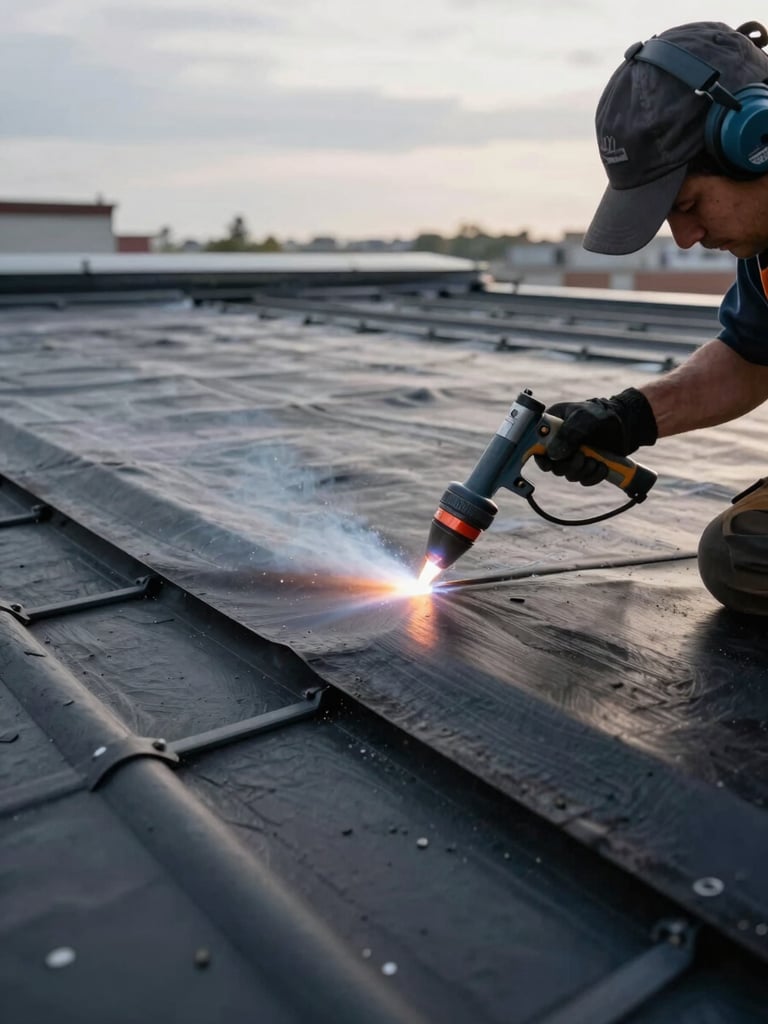 Close-up of a certified roofing technician applying torch-on SBS membrane to a flat roof, early morning light, focused on the precise heat weld, 35mm.