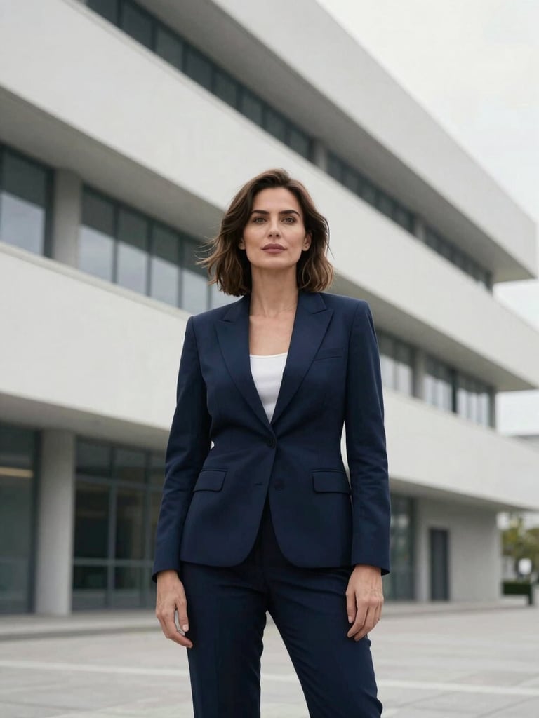 Professional studio portrait of female director Daiana Covaci, neutral background, sharp corporate attire, cool daylight, confident expression
