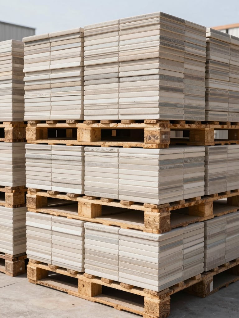 Neatly stacked pallets of ceramic tiles in a bright, organized wholesale warehouse, natural light, 35mm