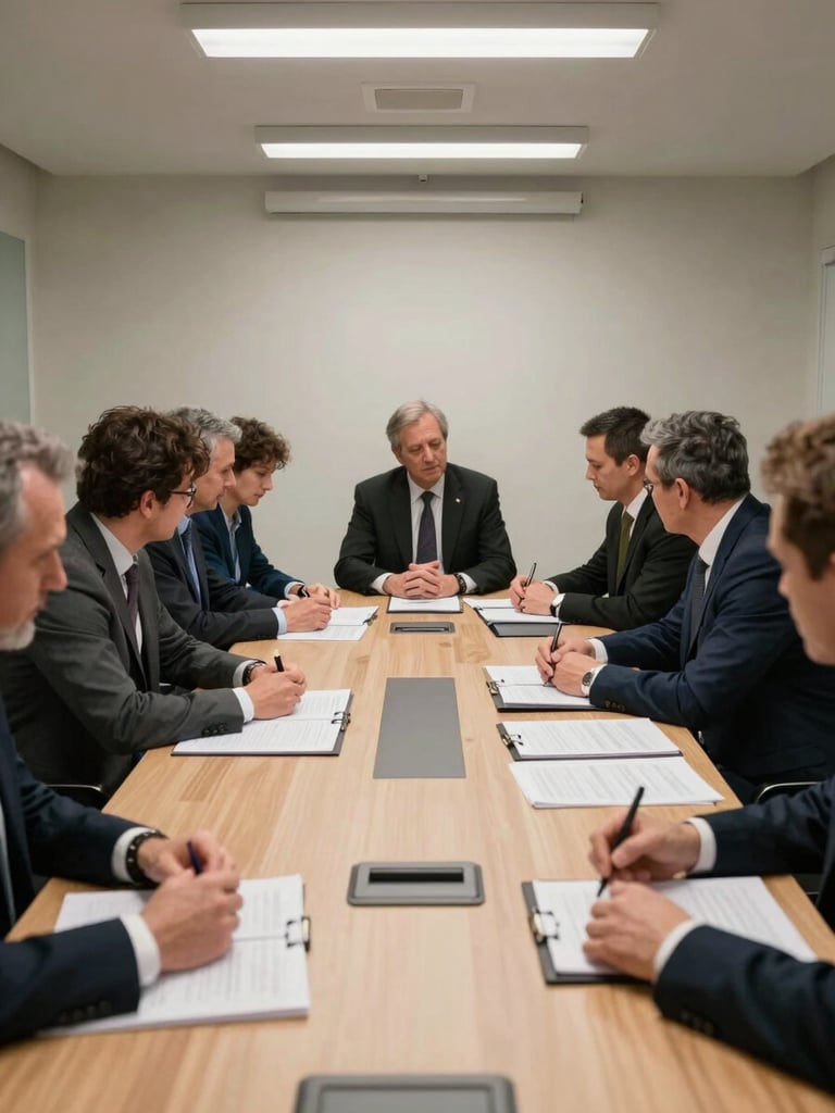 Wide shot of a conference table mid-discussion in a Van meeting room, business owners leaning over documents, hands visible on ledger pages, fluorescent overhead light, documentary style, no posed smiles