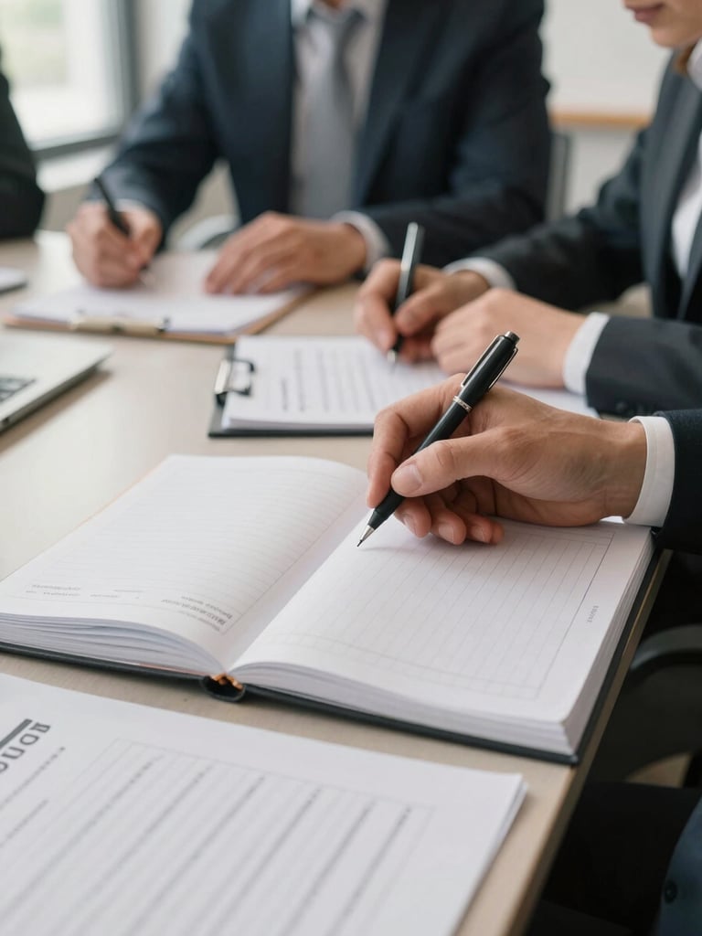 Close-up of hands over an open ledger and printed agenda sheets on a meeting table, Van business owners in background slightly out of focus, natural window light from the left, documentary framing