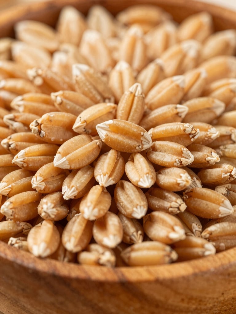 Macro shot of golden raw wheat grains in a rustic wooden bowl, warm natural daylight, high detail, 35mm