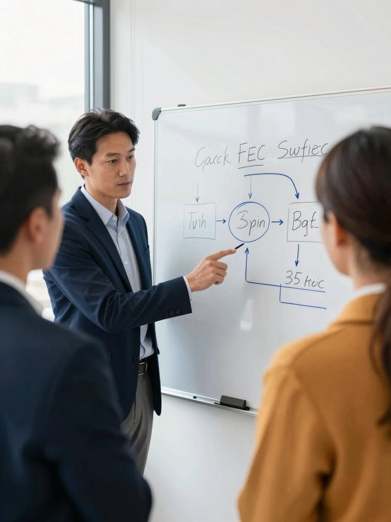 Medium-close environmental shot of a consultant actively explaining a strategic diagram on a whiteboard to two engaged executives, bright natural window light, corporate navy and warm orange tones, 35mm