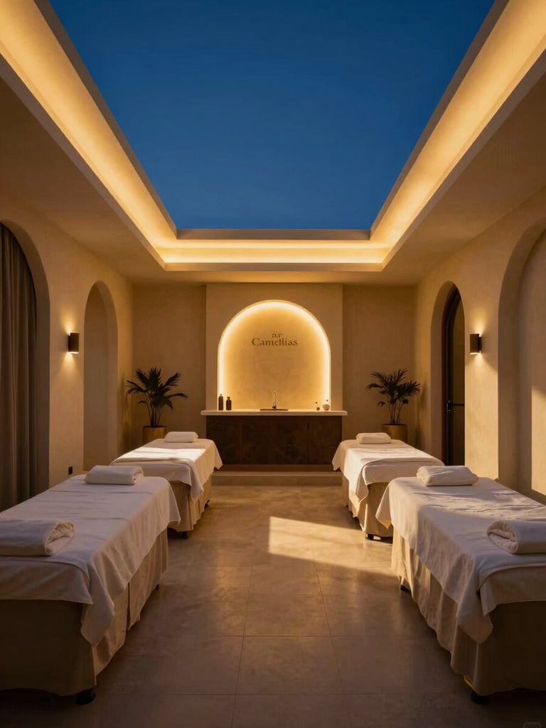 Interior shot of a luxurious, empty private spa at DLF Camellias, warm high-end lighting with deep shadows, deep blue and warm gold tones, symmetrical composition, 35mm