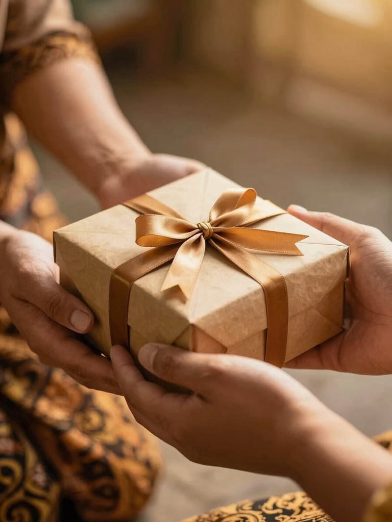 A respectful close-up of hands presenting a traditional Indonesian gift box with warm golden light, showing mutual respect and gratitude