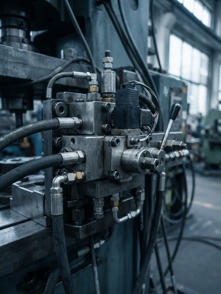 Close-up of a heavy industrial hydraulic press valve, technical steel components with sharp focus, cool daylight, desaturated blue tones, 50mm
