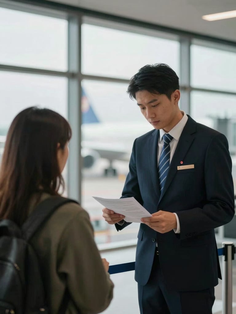Medium shot, airport gate corridor from a traveler's eye level, a support agent standing beside a passenger reviewing documents together, soft even daylight from large terminal windows, calm and purposeful atmosphere