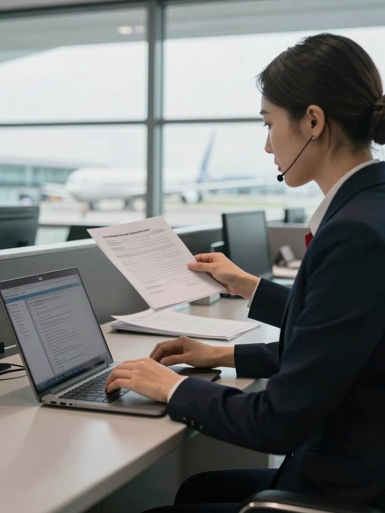 Medium shot from inside an airport terminal, a support agent at a desk actively typing on a laptop while a traveler holds documents across the counter, soft even daylight through large windows, focus on the interaction and the papers exchanged