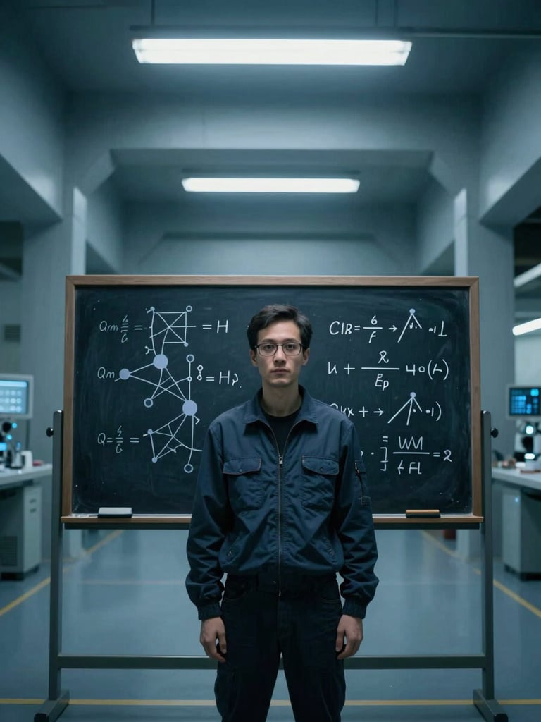 Portrait of an operative in a brutalist research facility, focused on a quantum physics equation on a slate board, cold blue-shifted lighting, geometric and symmetrical framing.