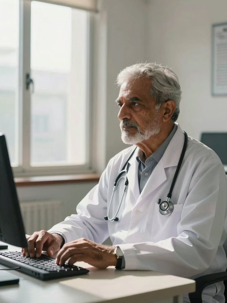 Side-lit portrait of a senior Pakistani male physician in a white clinical coat, seated at a consultation desk with a focused expression, north-facing natural light from a tall window on his left, stethoscope visible, no direct camera gaze, clinical setting