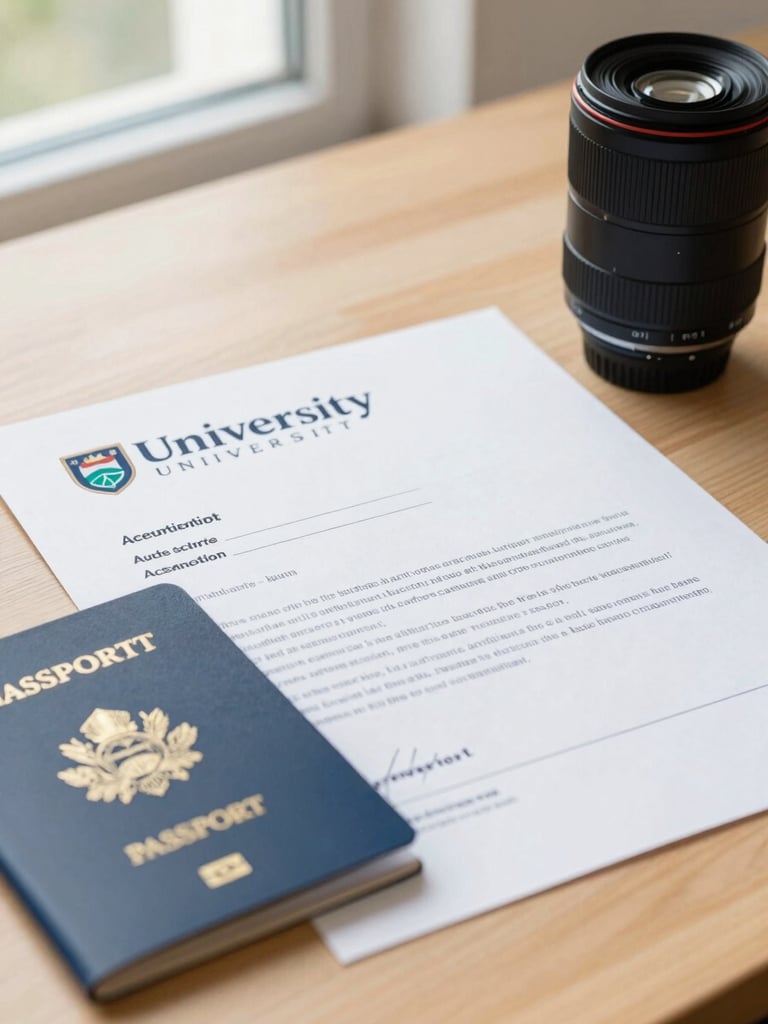 A close-up of an official university acceptance letter resting on a clean wooden desk beside a passport, soft natural window light, professional 35mm lens