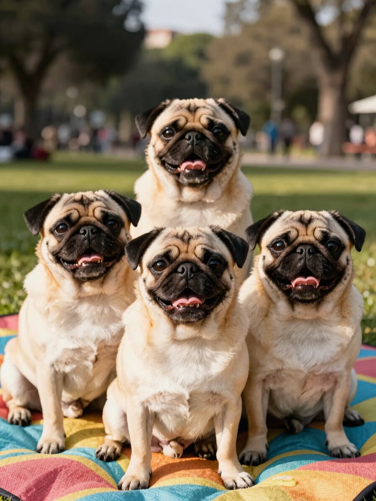 Close-up of three happy pugs sitting together on a colorful picnic blanket in a CDMX park, bright natural daylight, eye-level canine portrait, warm editorial photography