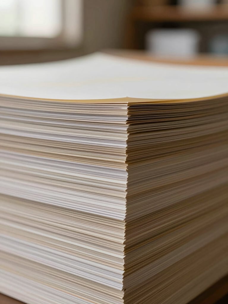 Close-up macro of a paper ream edge in a warm warehouse, stacks arranged by type visible in soft focus background, diffuse north-facing daylight revealing grain and weight of each sheet