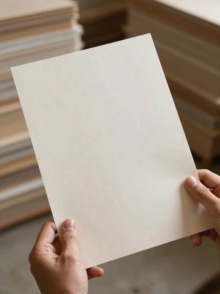 Close-up medium shot of a pair of hands holding a single sheet of uncoated paper at a slight angle, diffuse daylight from the left revealing the grain and subtle texture of the surface, warm neutral background of stacked reams out of focus behind