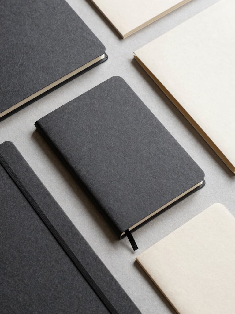 Overhead flat-lay of textured heavy-weight paper stocks, custom notebooks, and corporate folders in charcoal and cream tones, dramatic side-light emphasizing paper grain
