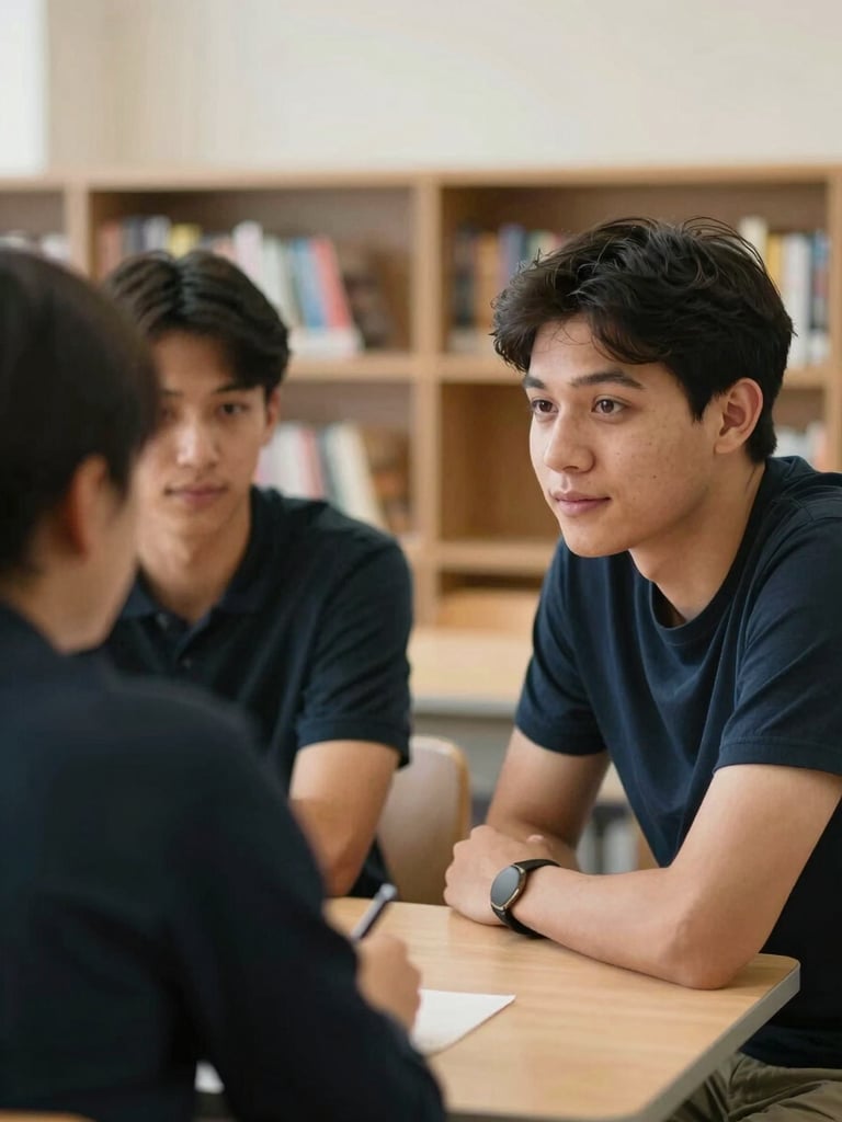 Soft natural daylight interior, two people seated at a small table in quiet conversation, one leaning forward attentively, warm campus lounge setting, bookshelves softly blurred in background, medium close-up framing both faces, genuine and unhurried mood