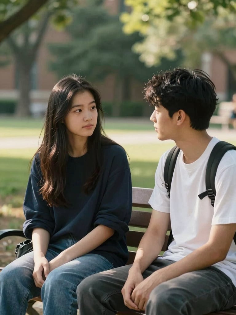 Close-medium shot of two students in quiet one-on-one conversation on a campus bench, soft warm daylight filtering through nearby trees, one listening attentively, genuine calm expression, green campus background slightly blurred