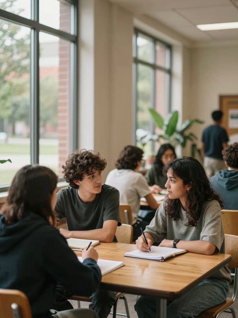 Wide environmental shot inside a warm campus common area, two students in quiet one-on-one conversation at a wooden table near a large window, soft natural daylight filtering in from the left, one person leaning in attentively, genuine expressions, diverse faces, books and notes visible on the table, background slightly out of focus showing other community members