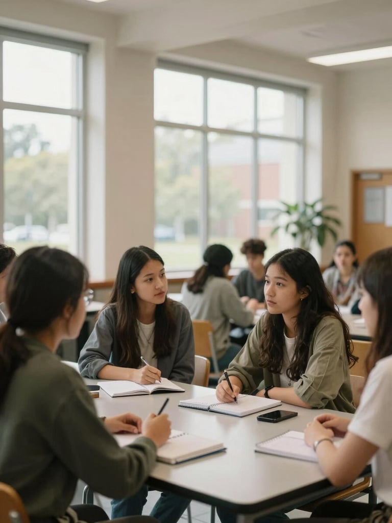 Wide medium shot of a diverse group of students gathered around a low table in a bright campus common area, soft natural daylight from tall windows, genuine mid-conversation expressions, notebooks and phones on the table, warm institutional interior