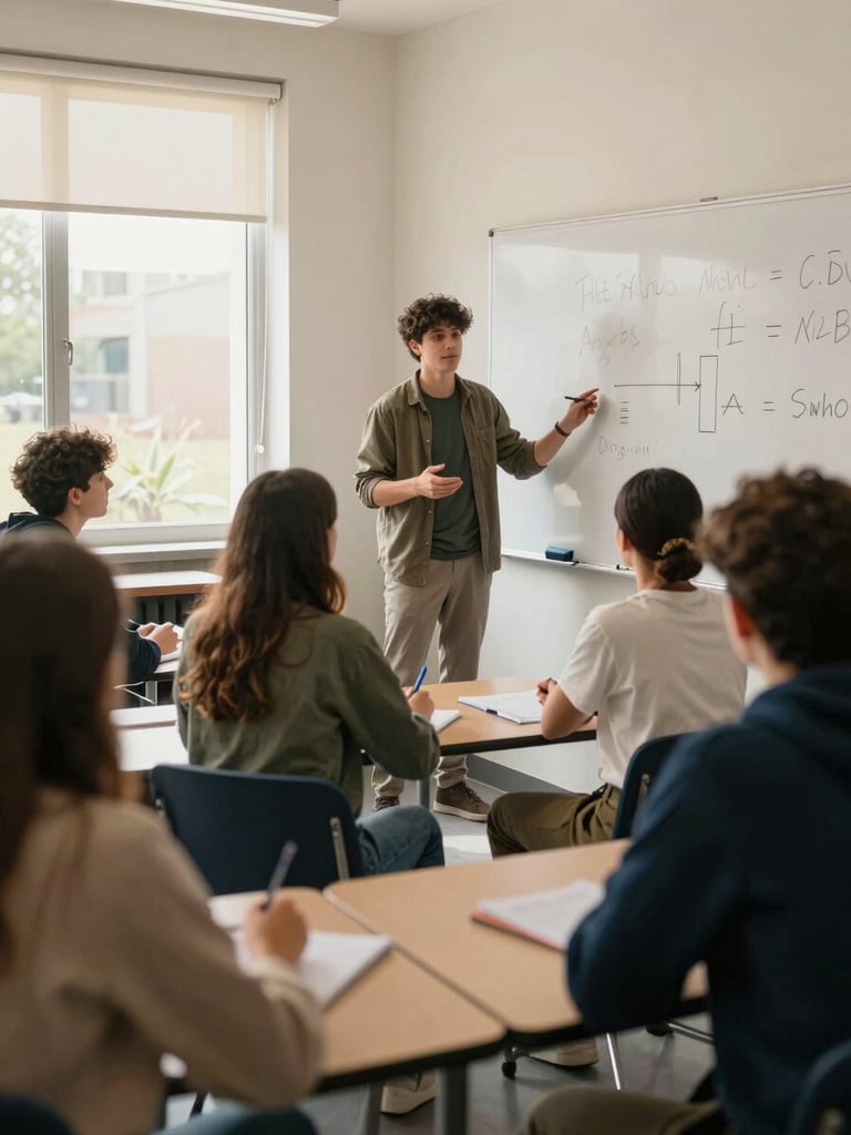 Medium environmental shot of a small mixed group of students in a bright collaborative classroom space, one person presenting at a whiteboard, others listening and taking notes, warm natural light through windows, genuine engaged expressions
