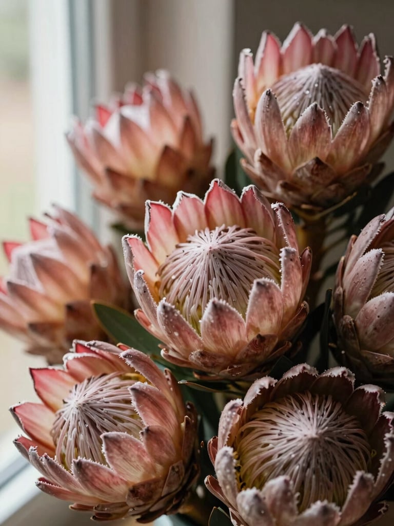 Close-up of raw exotic protea and lotus flowers, showing rich natural textures, soft directional daylight, earthy tones, 35mm lens.