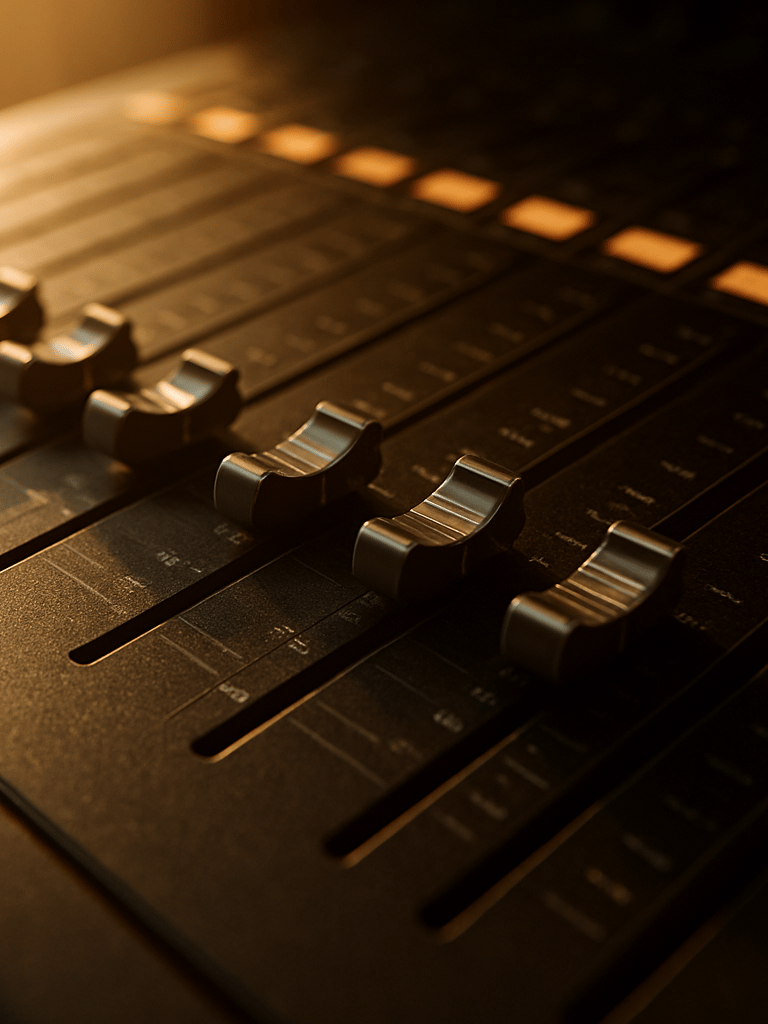 Extreme close-up of a professional mixing board fader bank from the right side, warm golden hour light streaming through a studio window to the left, smooth metal and backlit channel labels in sharp focus, deep shadow falling off to the right edge — no people, no text